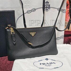 Prada Black Saffiano Leather Zip Crossbody Bag w/ AURA Card